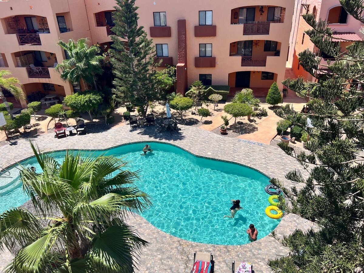 Elevated view of the central El Pueblo pool