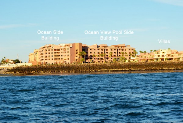 Marina Pinacate building layout showing oceanside building, poolside building, and villas